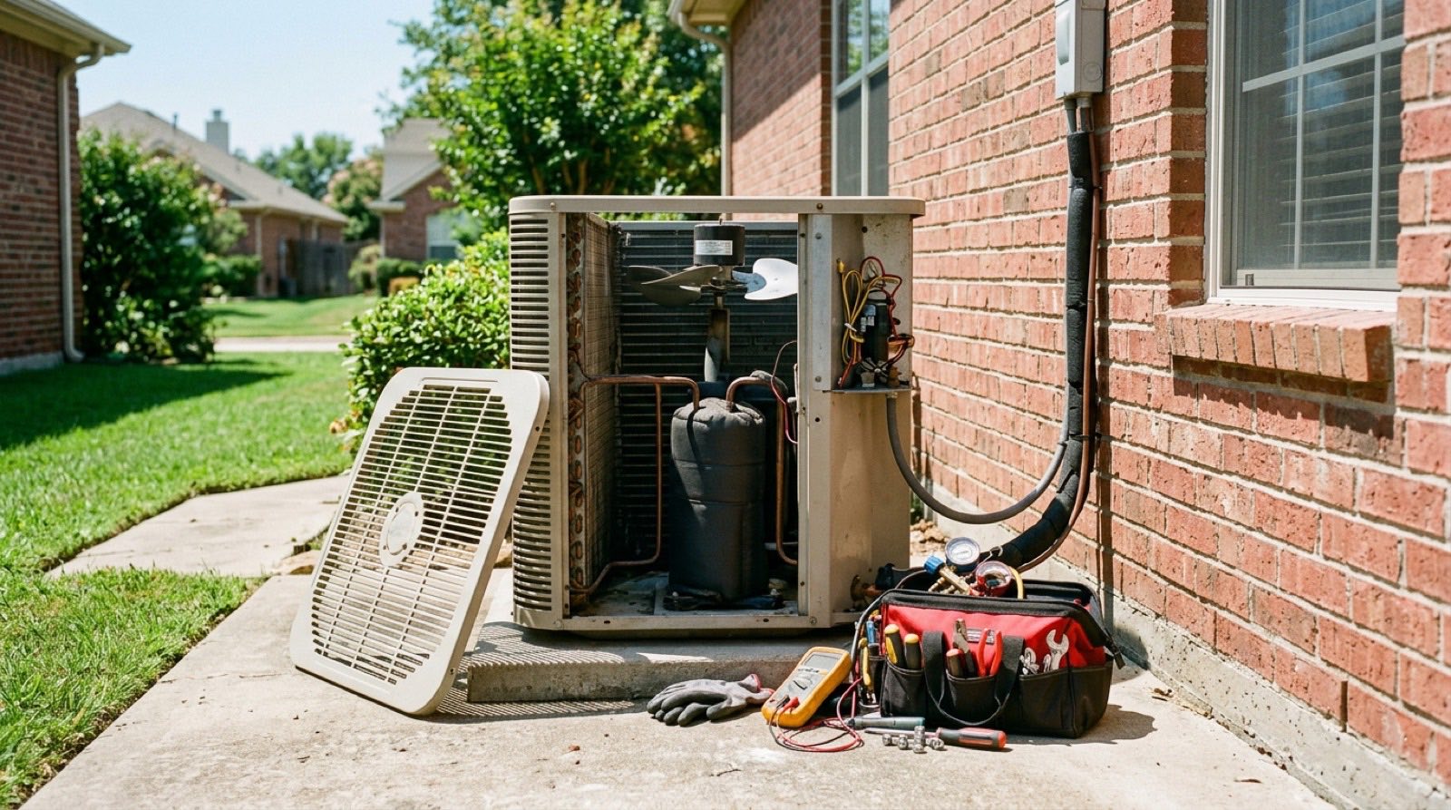 AC repair technician working on an outdoor condenser unit in Richardson, Texas