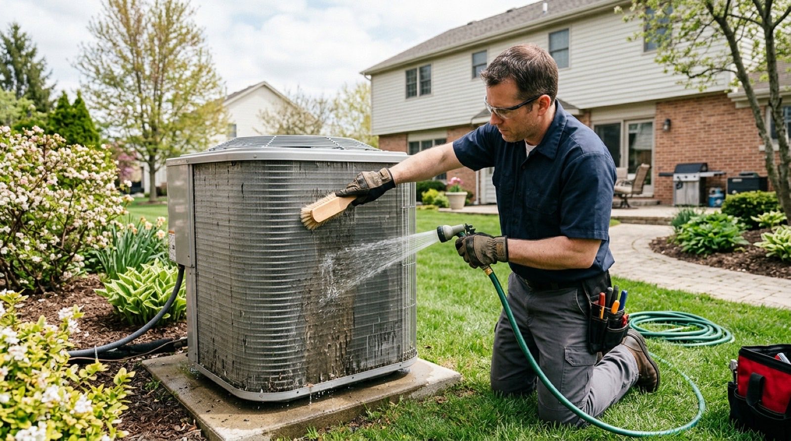 HVAC technician performing an AC tune-up at a home in Richardson, Texas