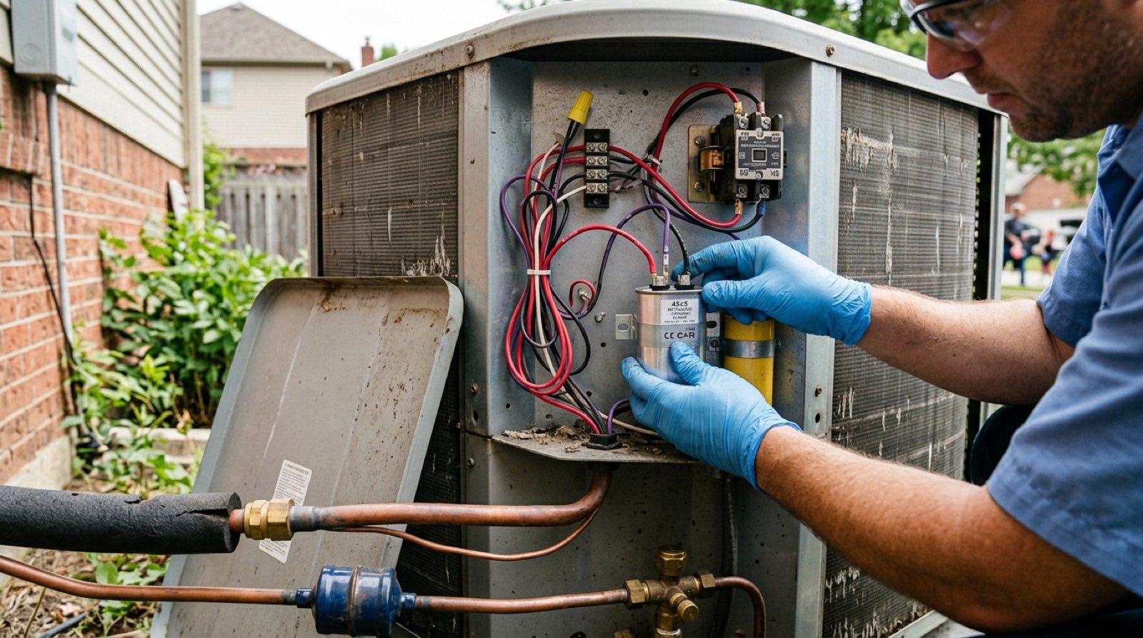 Richardson HVAC technician replacing a failed capacitor in an outdoor AC unit