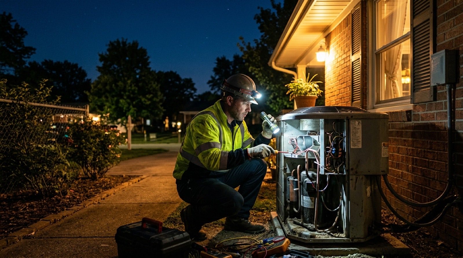 Emergency HVAC technician arriving at a Richardson, Texas home at night