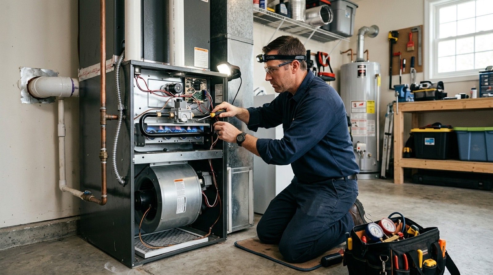 Furnace repair technician working on a gas furnace in Richardson, Texas