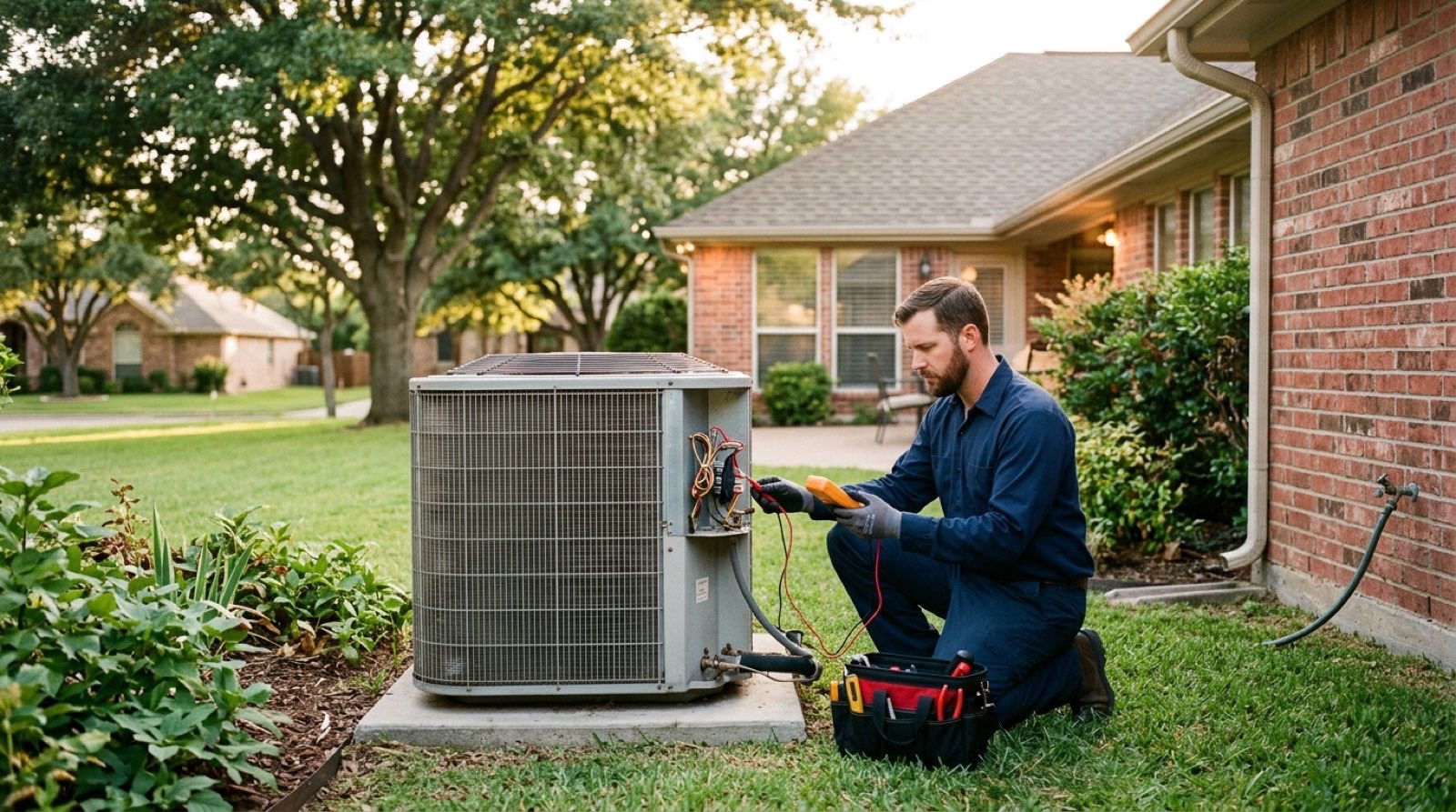 HVAC technician diagnosing an air conditioning system at a Richardson, TX home