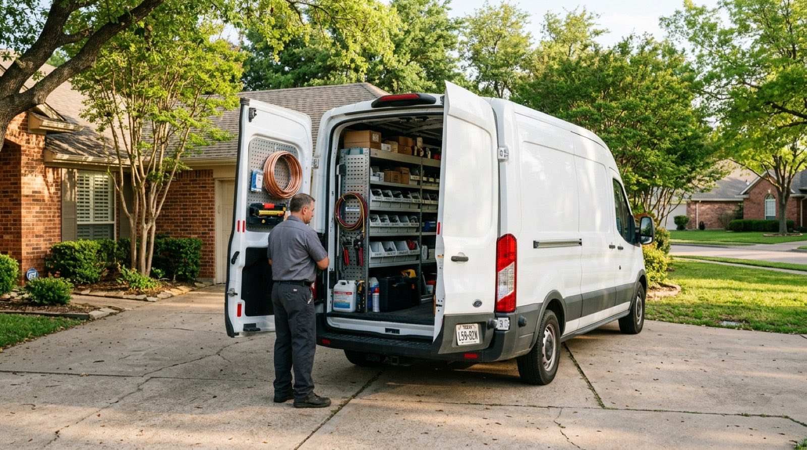 Service van outside a Richardson, TX home for a same-day HVAC repair call