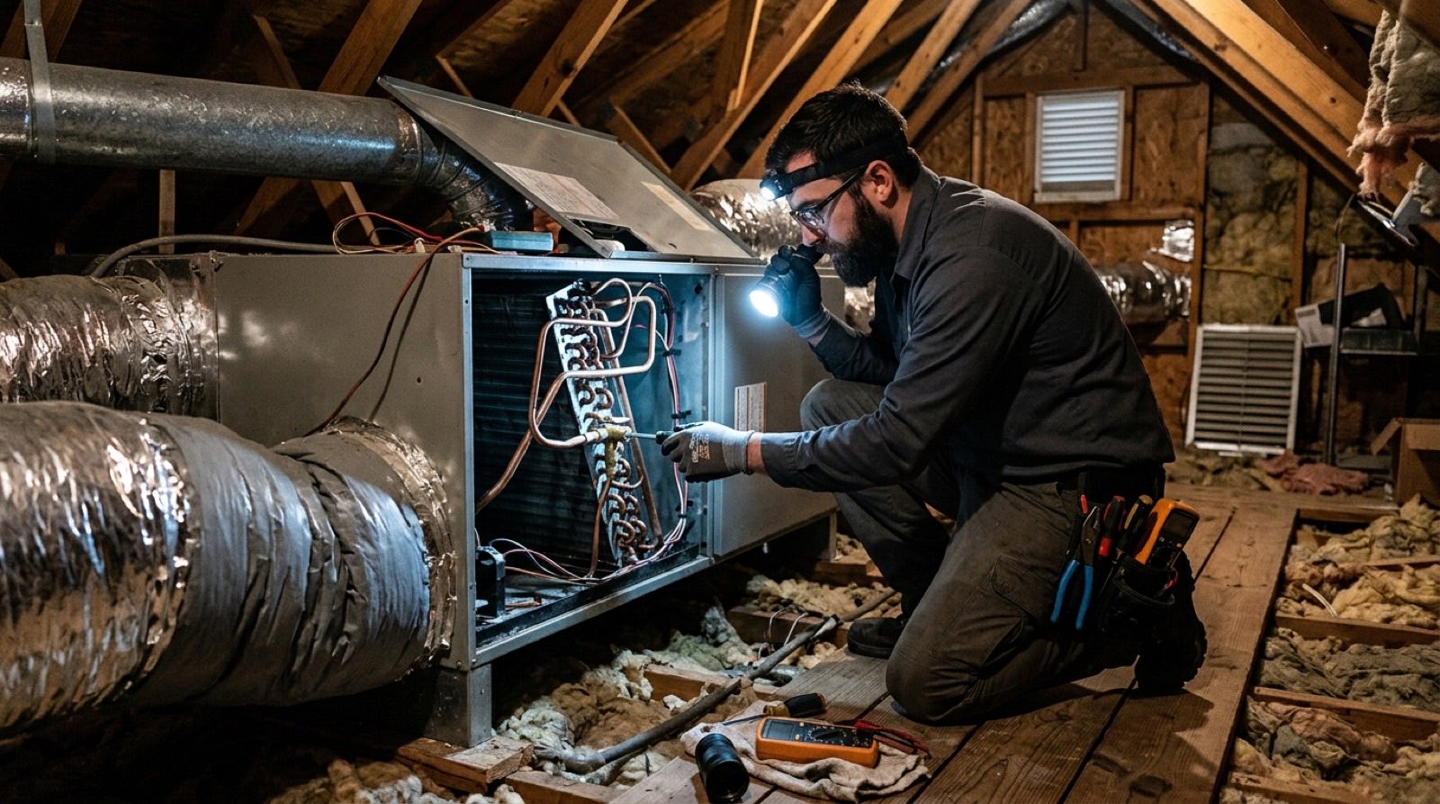 Technician servicing an indoor air handler during an AC repair in Richardson